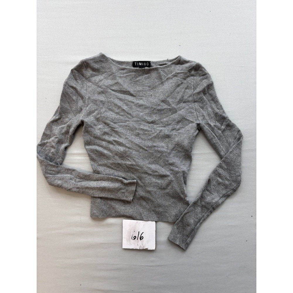 TIMING Womens Gray Ribbed Knit Long Sleeve Crop Top Open Criss-Cross Back S